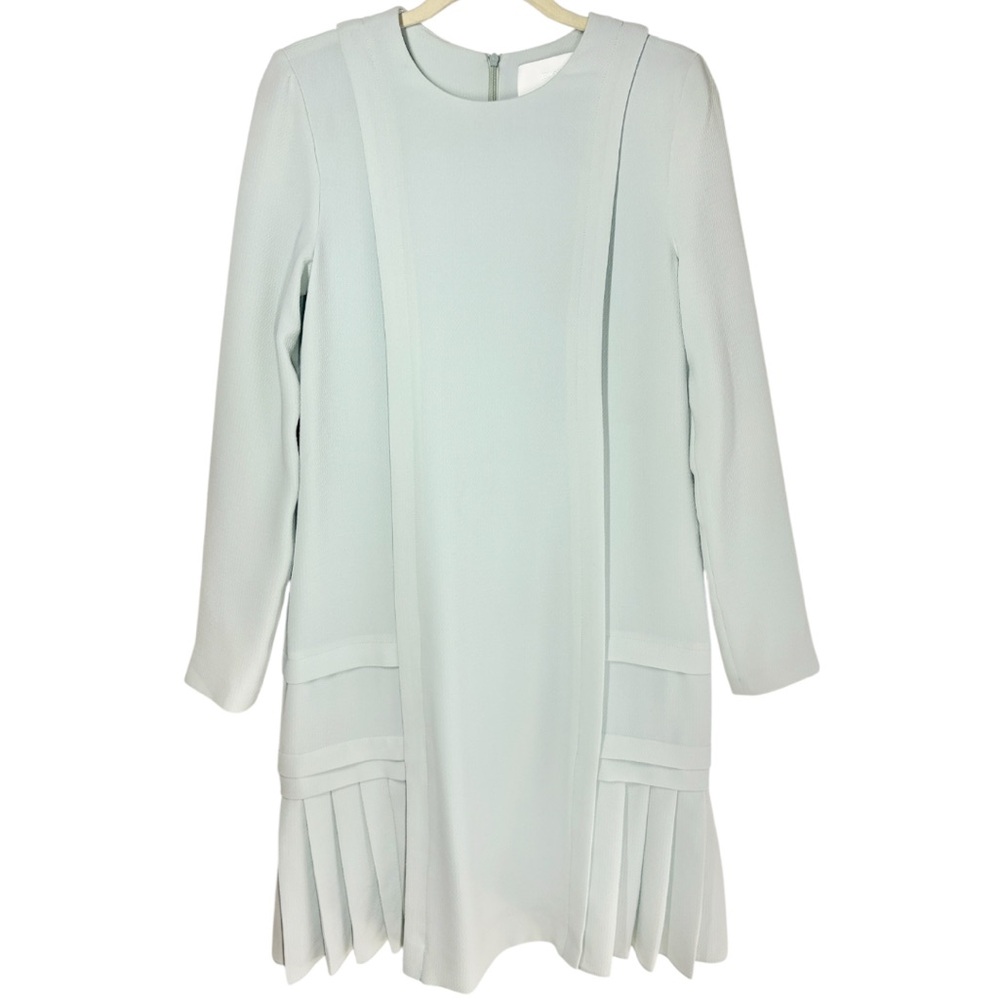 Hugo Boss Shift Pleated Dress Size 4 Formal Preppy Light Blue Green Long Sleeve